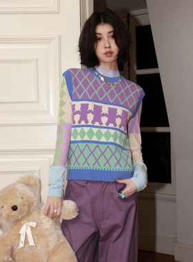 化学少女「小熊华夫饼」复古撞色提花针织马甲背心女童趣可爱上衣