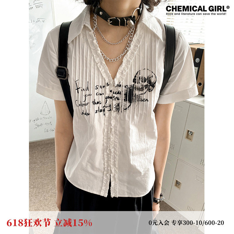 化学少女「摇滚诗社」夏季印花捏褶正肩短袖衬衫V领短款显瘦上衣