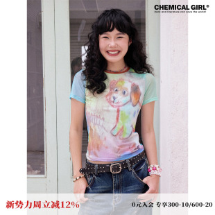 化学少女「汪汪调色盘」涂鸦小狗网纱T恤上衣多巴胺短袖 女夏