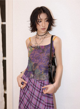 弹力网纱花卉满印金属烫钻吊带女