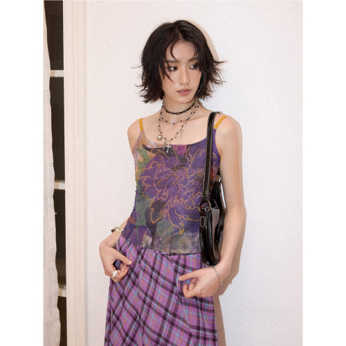 弹力网纱花卉满印金属烫钻吊带女