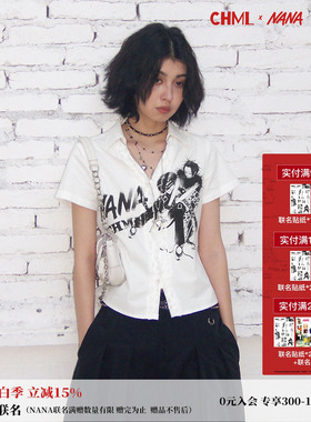 化学少女×NANA联名 白色夏季V领印花花边短袖衬衫女亲肤透气上衣