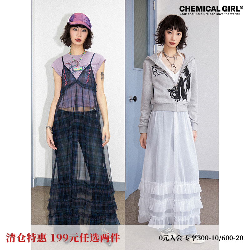 化学少女格纹刺绣半透网纱连衣裙