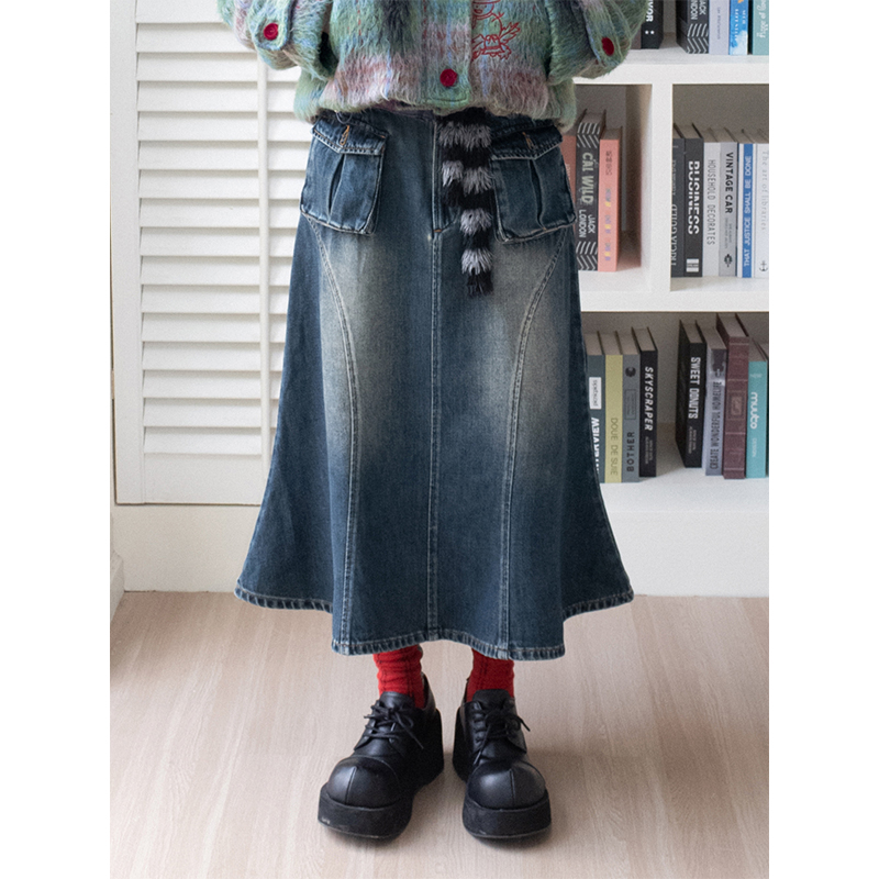 化学少女「非定义浪漫」显瘦百搭A型裙蕾丝腰头拼接牛仔鱼尾半裙