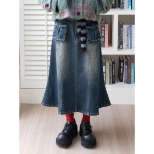 化学少女「非定义浪漫」显瘦百搭A型裙蕾丝腰头拼接牛仔鱼尾半裙