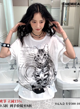 化学少女「闪帧猫影」复古猫咪印花宽松落肩短袖T恤亲肤透气上衣
