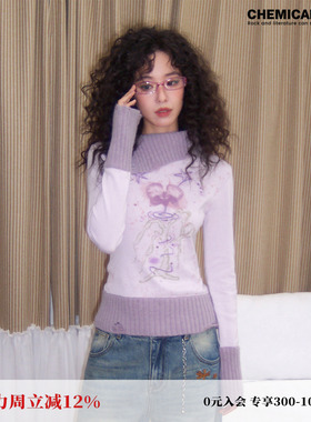 化学少女「一树花开」印花修身翻领紫色毛衣女打底衫内搭上衣