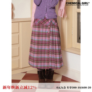 化学少女「未尽之语」羊毛昵格纹A字半身裙女侧压褶设计秋冬新款