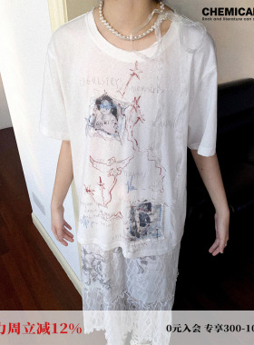 化学少女「疗愈相片」相片贴布印花T恤女宽松短袖拼接ins风上衣潮