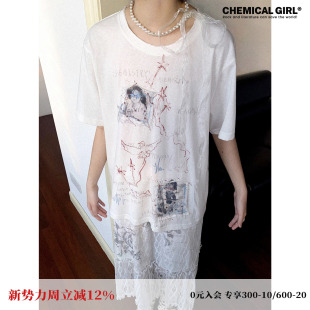 化学少女「疗愈相片」相片贴布印花T恤女宽松短袖 拼接ins风上衣潮