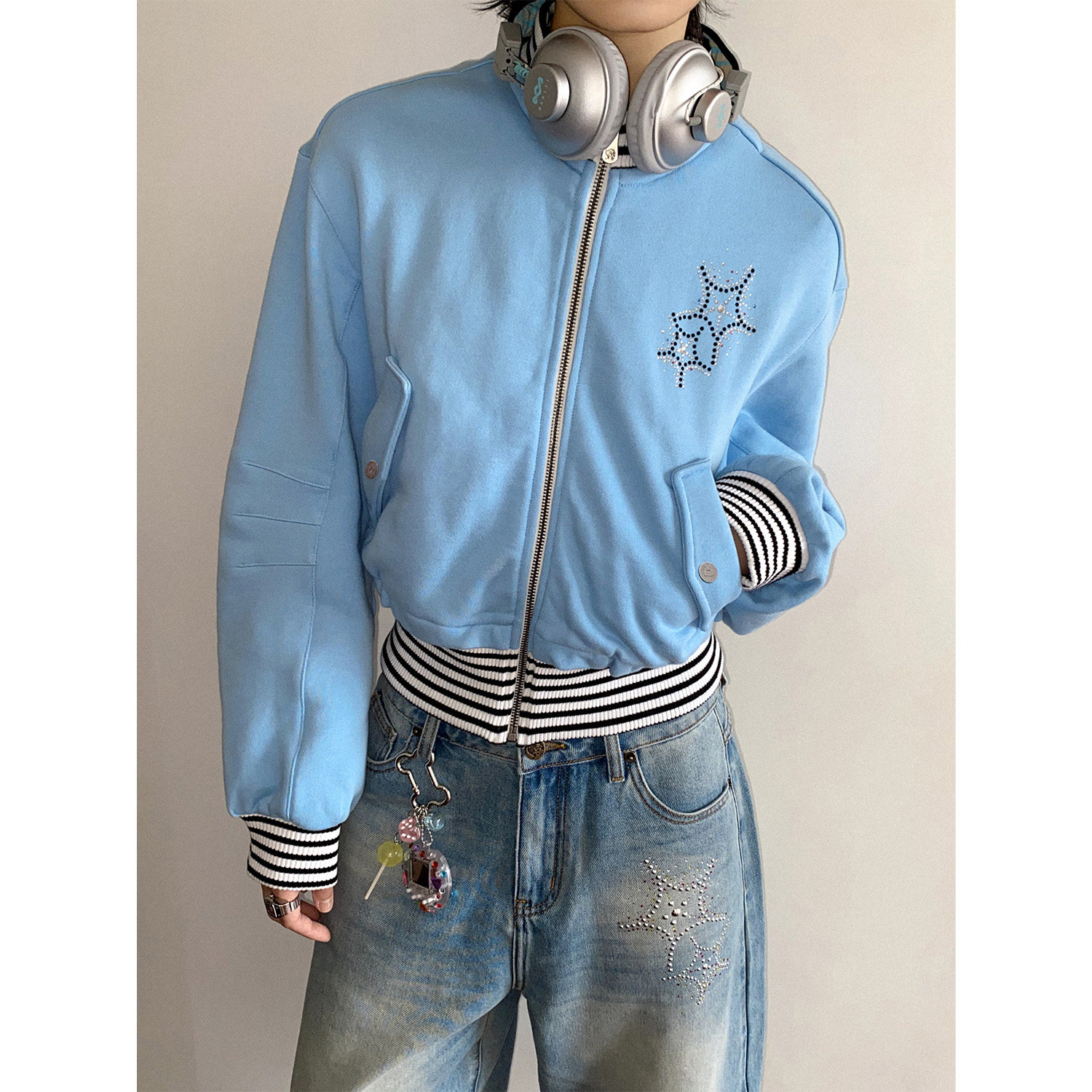 化学少女 「遇见海星」蓝色海星烫钻卫衣外套女开襟设计ins风上衣,女装/女士精品,短外套,淘宝优惠券,粉丝福利购,淘宝优惠卷