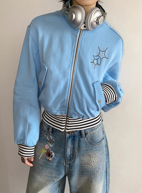 化学少女 「遇见海星」蓝色海星烫钻卫衣外套女开襟设计ins风上衣