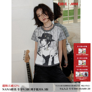 化学少女×NANA联名 复古人像拼接格纹水钻短袖T恤女蕾丝花边上衣