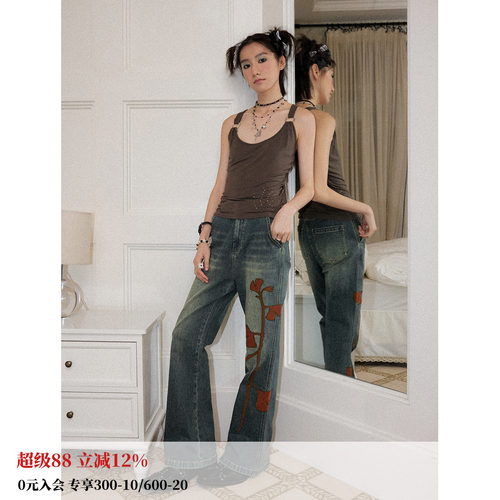 复古风高腰布绣做旧牛仔微喇裤女