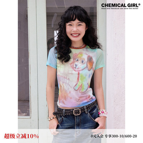 涂鸦小狗网纱T恤女夏新品