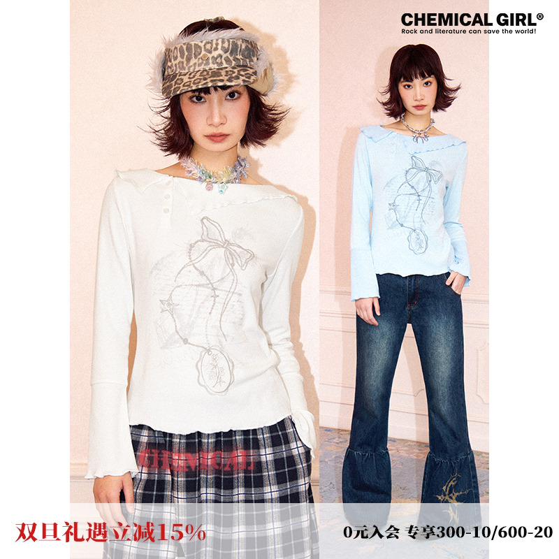 化学少女不规则翻领拼接长袖T恤