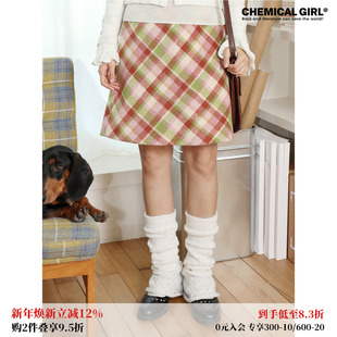 化学少女「色彩像素」毛呢格子A字半身裙秋冬格子松紧腰短裙