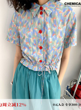 化学少女「像素唱片」花边抽绳彩墨印花短袖衬衫短款显瘦宽松衬衣