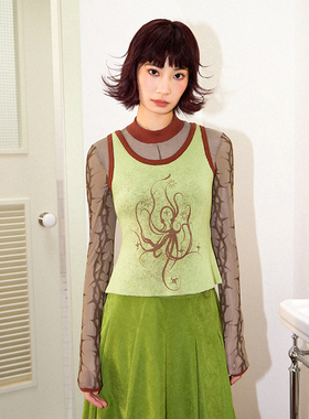 化学少女「奇异梦境」黄绿色章鱼印花正肩修身打底长袖T恤两件套
