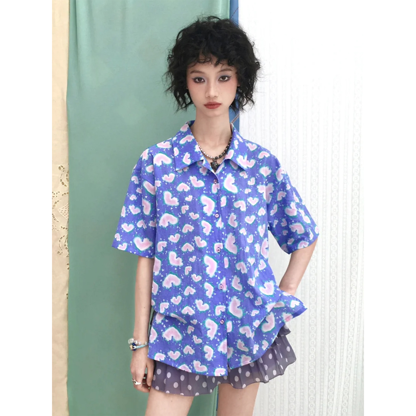 化学少女 「虹心能量弹」 爱心纯棉满印短袖衬衫上衣女夏新品