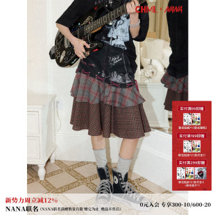 化学少女×NANA联名 设计感拼接格纹绑带蛋糕裙女人物印花半身裙