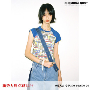 T恤女潮酷街头上衣 短袖 化学少女「昨夜派对」漫画满印短款 插肩袖