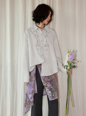 化学少女「闲知清晨」麂皮花朵刺绣灯笼袖长袖衬衫女复古百搭上衣