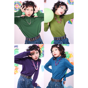 t恤上衣 长袖 化学少女「色彩炸弹」针织半高领打底衫 秋冬内搭修身