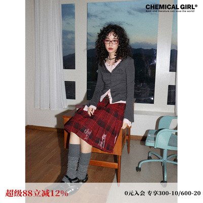 化学少女复古休闲百褶格子半身裙