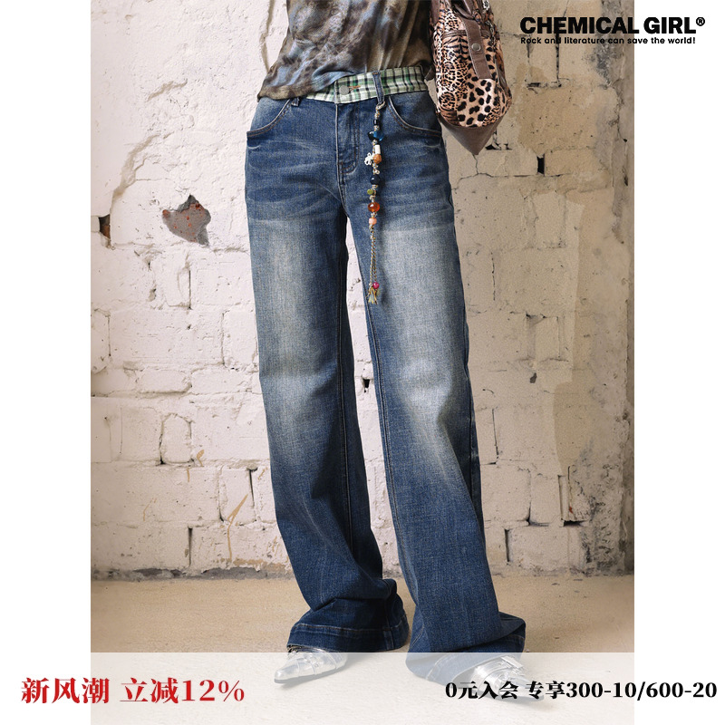 格纹腰头牛仔长裤女直筒