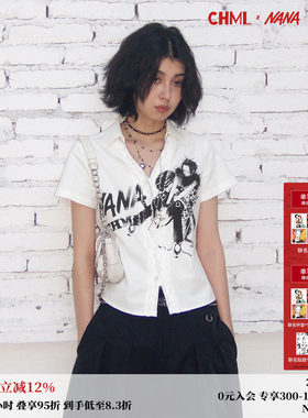 化学少女×NANA联名 白色夏季V领印花花边短袖衬衫女亲肤透气上衣