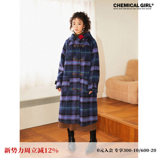 化学少女「黎鸣」复古学院紫色格子渔夫羊毛大衣中长款 毛呢外套冬