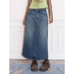 化学少女「漂浮宇宙」百搭显瘦A型复古水洗蓝色低腰牛仔中长半裙