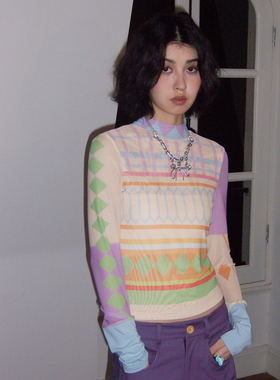 化学少女 「柔织序曲」紧身撞色几何满印皮肤衣设计感长袖内搭T恤