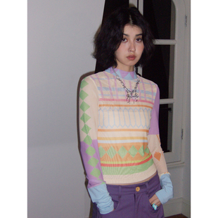 化学少女 内搭T恤 「柔织序曲」紧身撞色几何满印皮肤衣设计感长袖