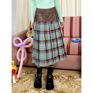 化学少女「小步舞曲」学院风格 纹拼接中长裙设计感复古秋冬半身裙