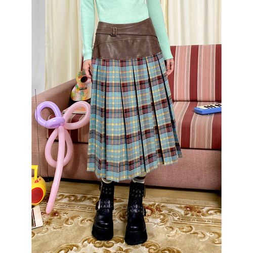 化学少女格纹拼接A字百褶半身裙