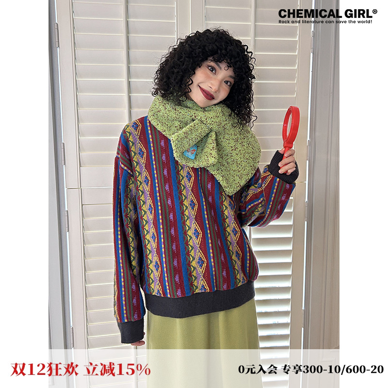 化学少女嬉皮风复古宽松提花毛衣