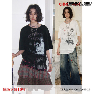 化学少女×NANA联名 复古宽松印花刺绣短袖T恤设计感修身显瘦上衣