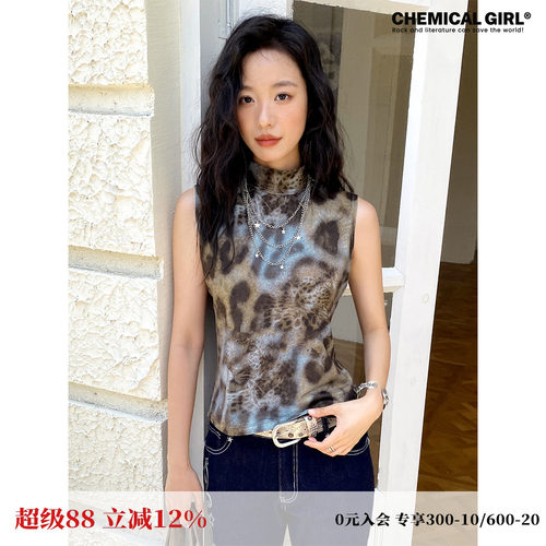 豹纹半高领无袖背心女夏