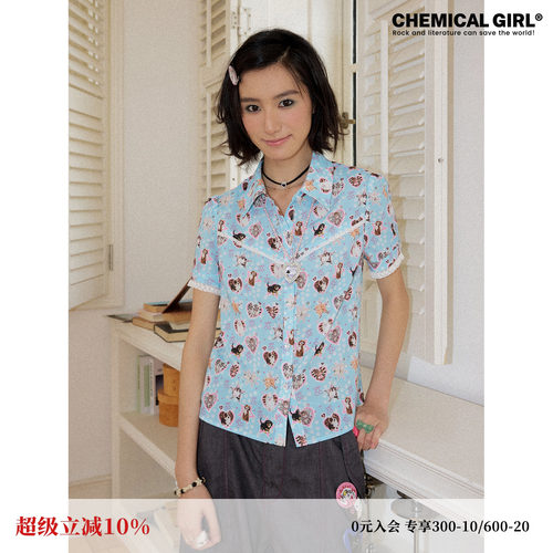 宠物系列满印蕾丝花边短袖衬衫女
