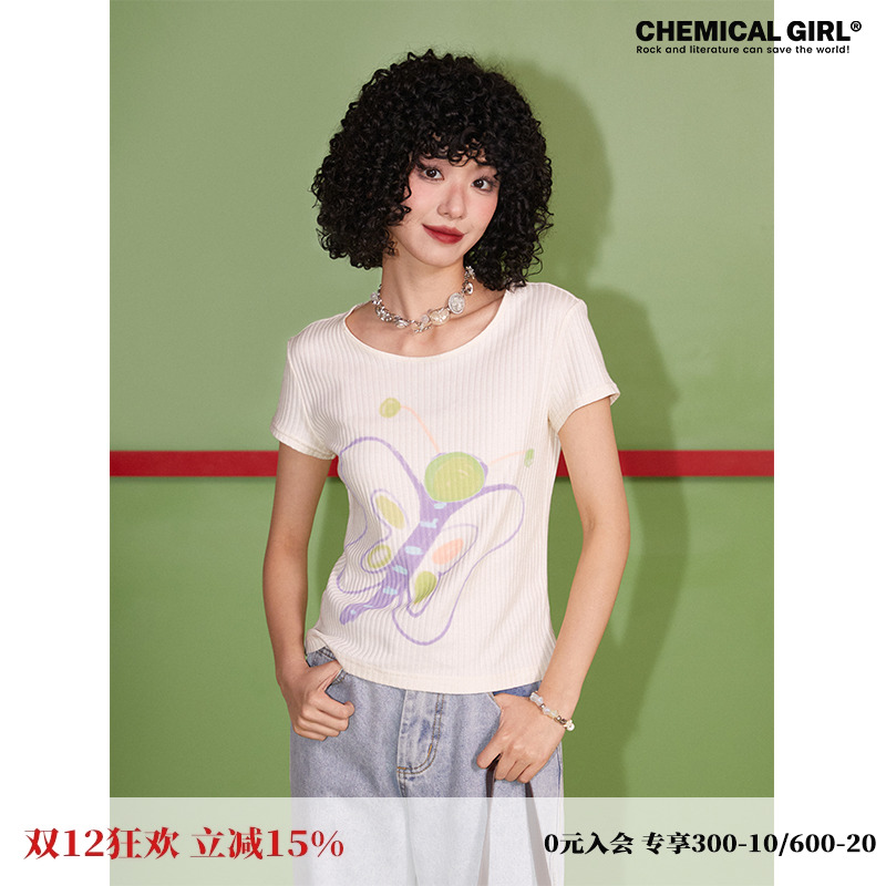 化学少女元气蝴蝶印花短袖T恤