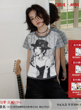 化学少女×NANA联名 复古人像拼接格纹水钻短袖T恤女蕾丝花边上衣