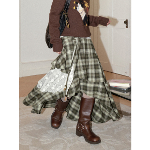 化学少女「森屿」不规则拼接蕾丝复古格子半身裙梨形秋冬伯克利裙