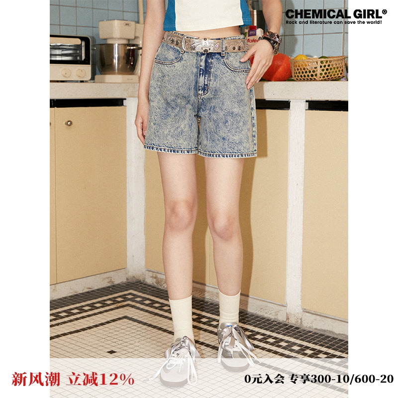 夏季雪花纹路A字基础款牛仔短裤