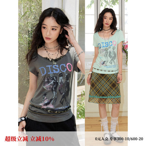 复古感蕾丝拼接V领印花短袖T恤女