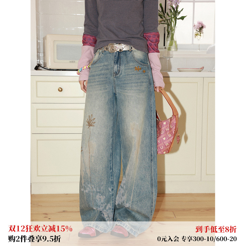 烧花印花弯刀牛仔裤女梨形福音