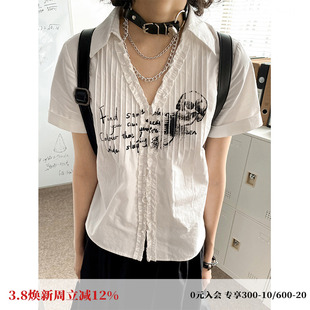 化学少女「摇滚诗社」夏季印花捏褶正肩短袖衬衫V领短款显瘦上衣