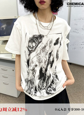 化学少女「朋克播报」 夏季袖子半拆卸短袖T恤宽松圆领印花上衣