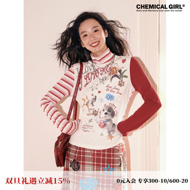 化学少女「小狗玩具铺」高领印花设计感拼接长袖T恤秋新款上衣女